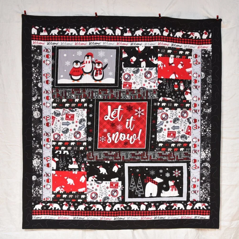 New handmade Christmas winter throw Quilt penguins polar bear Let it snow 56x 60